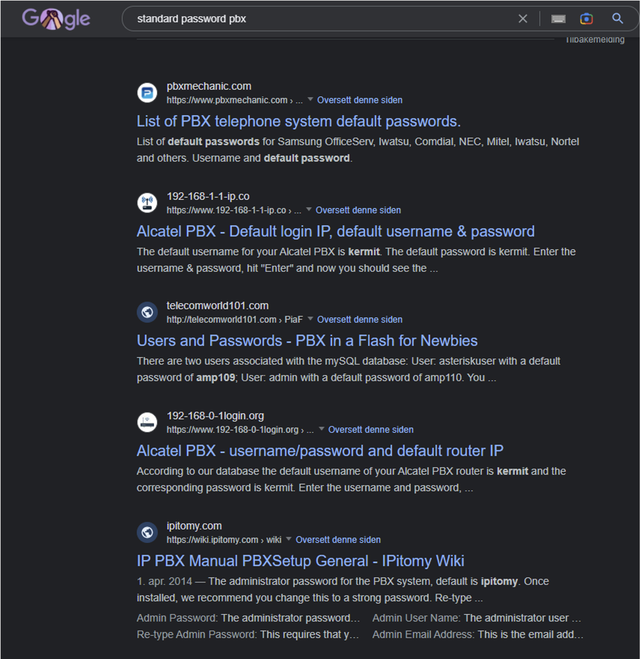 An overview of standard usernames and passwords can be found online